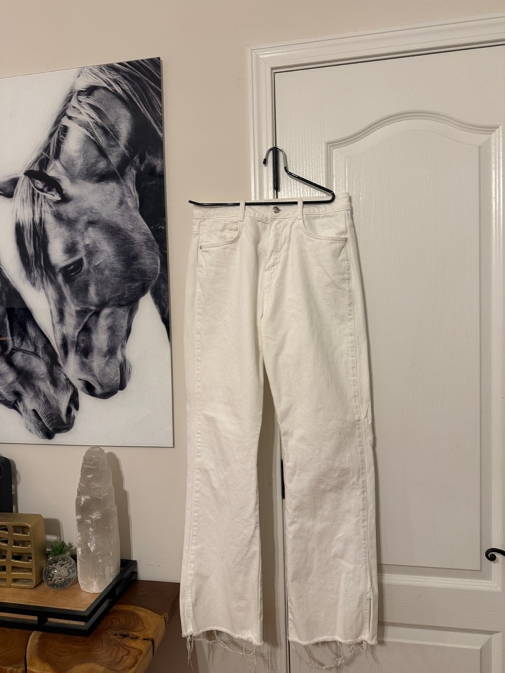Zara White Wide-Leg Frayed Hem Jeans